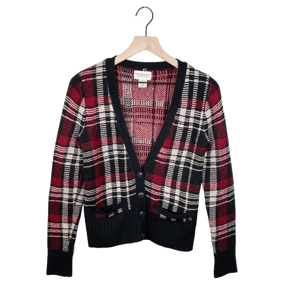 Denim and Supply Ralph Lauren Red Plaid Wool Blend Cardigan Sweater Size Small